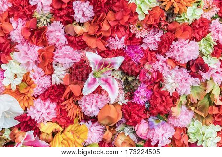 Floral colored background. Many flowers arranged in the substrate. The concept of color structure flowers. Beautiful flowers background for wedding scene