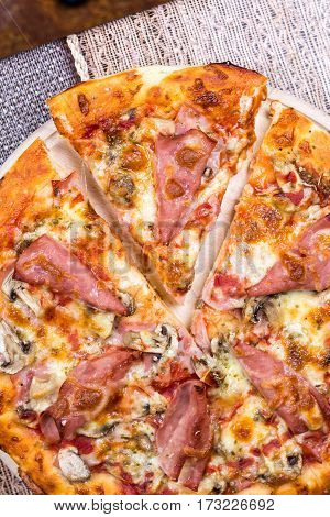 Flay Lay View Pizza With Ham Cheese Mushrooms