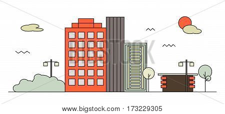 Modern street scenery in flat design style. Residential or business district with park and small coffeehouse or shop