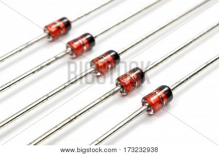 Closeup set of zener diode on a white background