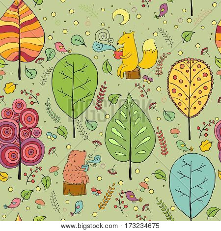 seamless pattern with forest tea fox and hedgehog