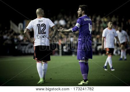 VALENCIA, SPAIN - FEBRUARY 22: (L) Zaza and Ramos during La Liga soccer match between Valencia CF and Real Madrid at Mestalla Stadium on February 22, 2017 in Valencia, Spain