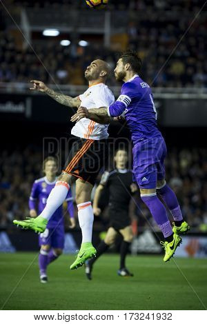 VALENCIA, SPAIN - FEBRUARY 22: (L) Zaza and Ramos during La Liga soccer match between Valencia CF and Real Madrid at Mestalla Stadium on February 22, 2017 in Valencia, Spain