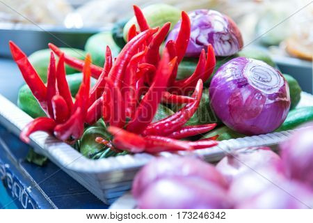 Peppers onions place them in basket, Thailand narket