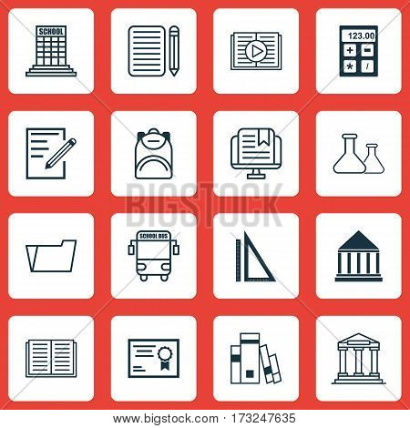 Set Of 16 School Icons. Includes Haversack, Academy, Measurement And Other Symbols. Beautiful Design Elements.