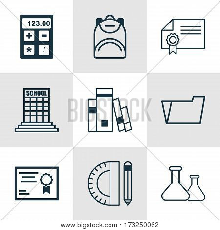 Set Of 9 Education Icons. Includes Document Case, Education Tools, Haversack And Other Symbols. Beautiful Design Elements.