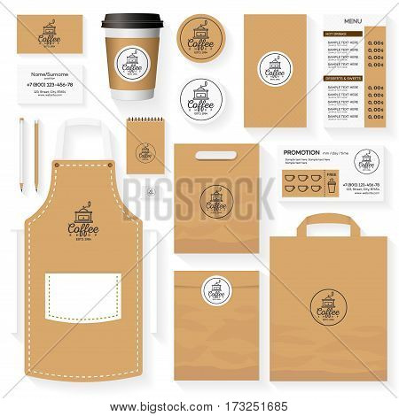 Coffee shop identity template design set with coffee shop logo and coffee machine. Restaurant cafe set card, flyer, menu, package, uniform design set. Stock vector