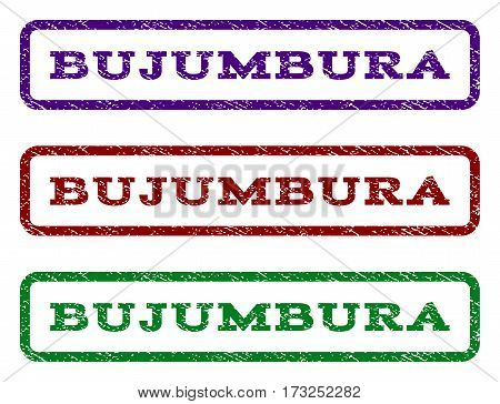 Bujumbura watermark stamp. Text caption inside rounded rectangle with grunge design style. Vector variants are indigo blue red green ink colors. Rubber seal stamp with dirty texture.