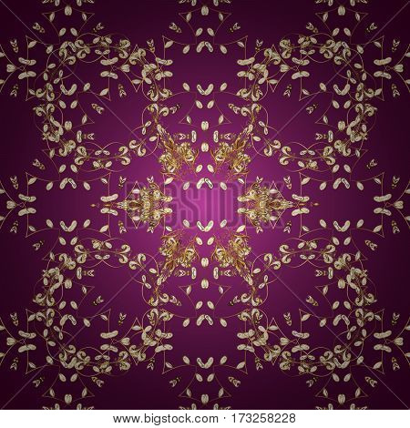 Oriental Ornament. Golden Pattern On Purple Background With Golden Elements. Seamless Oriental Ornam