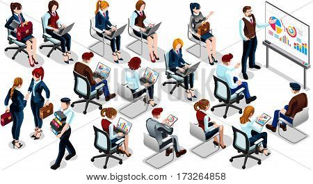 Trendy 3D isometric group isolated bank business people. Employee training staff character icon set. Interview and Analysis of sales deal agreement and partnership. Teamwork career vector illustration