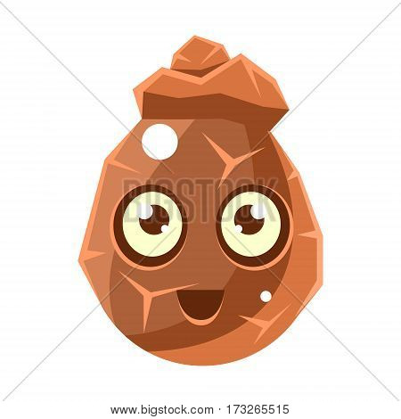 Brown Cracked Rock Element Egg-Shaped Cute Fantastic Character With Big Eyes Vector Emoji Icon. Video Game Template Item For Magic Flash Game Design Constructor Isolated Cartoon Object.