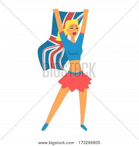 Cheering Happy Supporter Of British National Football Spots Team, Fan And Devotee With Attributes. Sportive Support Team Member With Flag Screaming And Smiling On A Stadium Vector Illustration.