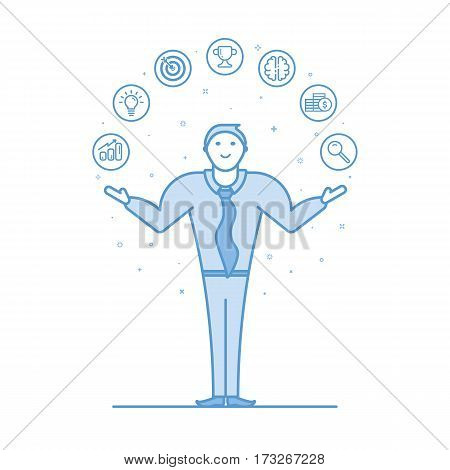 Vector illustration of acrobat businessman in flat bold linear style. Man juggling with smile on his face. Concept of business, marketing, seo, e commerce, office work - outline stock objects.