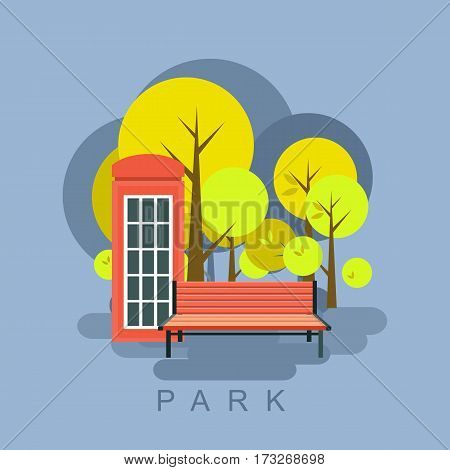 Vector illustration of a city park public space recreation bench stylized phone booth isolated Autumn