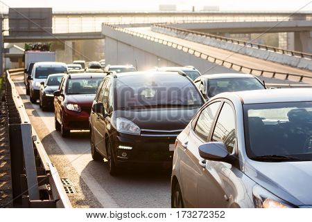 Rear window view to the traffic jam on the highway