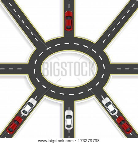 Top view of 3D perspective. Road interchange of eight roads and roundabouts. Cars. Vector illustration