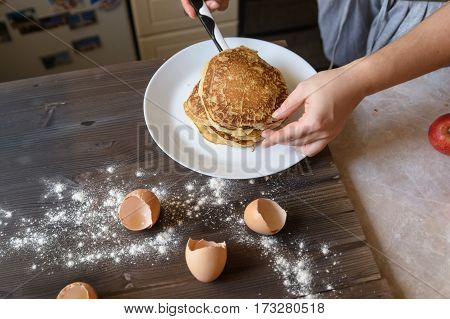 Close up process of preparing tasty sweet pancakes