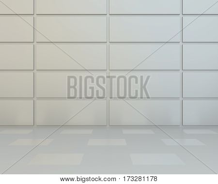 Empty room wall tiles with reflections on the floor. 3d rendering