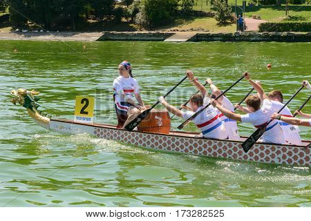 Rome Italy - July 30 2016: Dragon boat crews compete at the european championships held in Italy in 2016 summer the UK crew