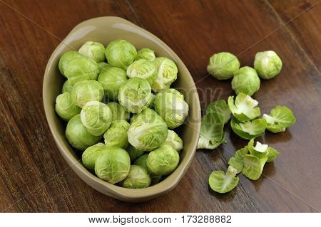 Freshly picked and prepared raw brussels sprouts brassica oleracea.