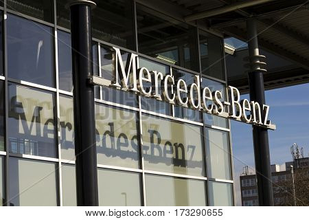 Prague, Czech Republic - February 25: Mercedes-benz Car Logo On Dealership Building On February 25,