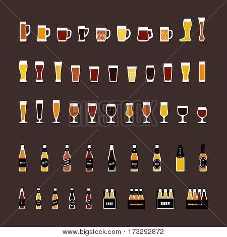 Beer glasses and bottles colored icons set in flat style. Vector illustration
