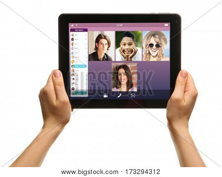 Video call and chat concept. Woman video conferencing on tablet, white background