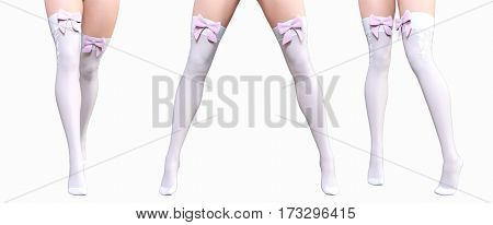 Set sexy slim female legs in nylon white stockings. Silk butterfly. Conceptual fashion art. Shiny stockings. Seductive candid pose. Photorealistic 3D render illustration. Isolate. Studio, high key.