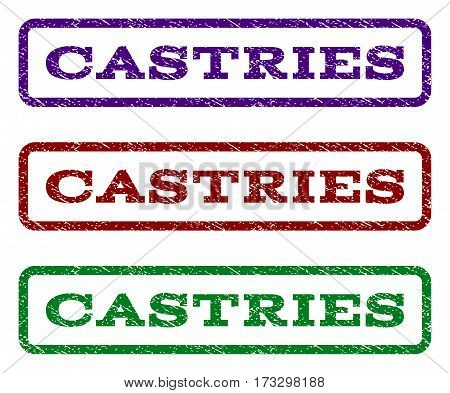 Castries watermark stamp. Text caption inside rounded rectangle frame with grunge design style. Vector variants are indigo blue red green ink colors. Rubber seal stamp with dust texture.