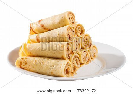 Homemade crepes with pork on white background