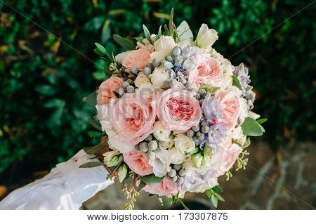 Beautifully Decorated Bouquet Closeup In Vase, With White Roses Ang Green Leaves