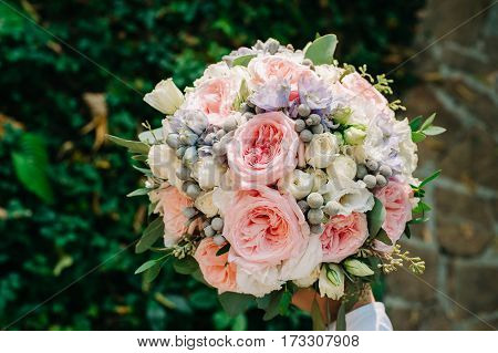 Beautifully Decorated Bouquet Closeup In Vase, With White Roses Ang Green Leaves