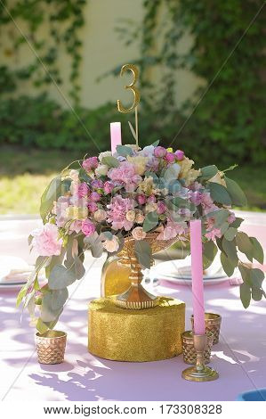 Wedding Guest Numbered Table, Decorated With Bouquet And Settings, In Pink And White And Green Colou