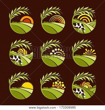 Isolated abstract round shape green color natural landscape with sun, cow and wheat ear logo set, farming logotype vector illustration