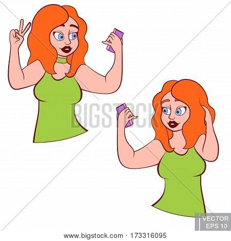 Cute Chubby Plus Size Plump Girl With Smart Phone Taking Selfie, Beautiful Woman Posing. Clip-art Ca