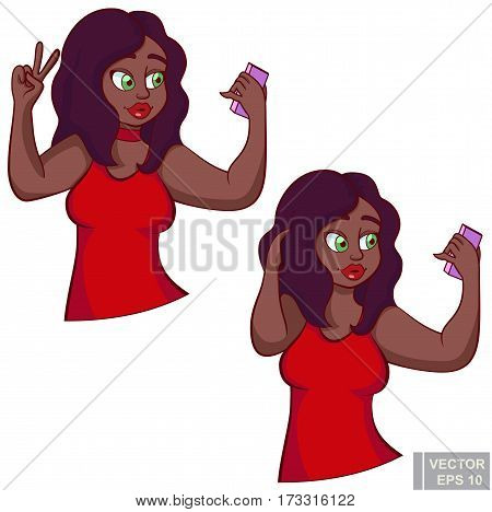 Cute Dark Skin Black Chubby Plus Size Plump Girl With Smart Phone Taking Selfie, Beautiful Woman Pos