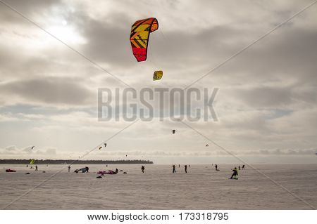 St. Petersburg, Sestroretsk -26.02.2017: Residents vacationing families, doing active winter sports