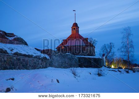 Korela fortress in the February twilight. The tower of Lars Torstensson. Priozersk. Russia