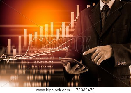 Business Man On Digital Stock Market Financial Indicator Background. Digital Business And Stock Mark