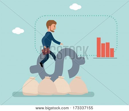 Young businessman sitting on dollar sign barely held. The businessman is afraid to fall. The dollar sign is on the bags of money. Stock market. Concept flat vector business illustration.