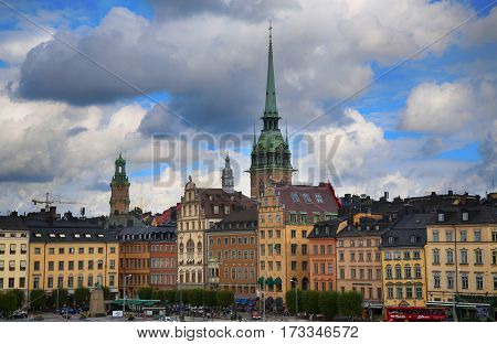STOCKHOLM SWEDEN - AUGUST 20 2016: View of Gamla Stan and St. Gertrudes Church - Tyska Kyrkan (Old German Church) located in Gamla Stan from Sodermalmstorg in Stockholm Sweden on August 20 2016.