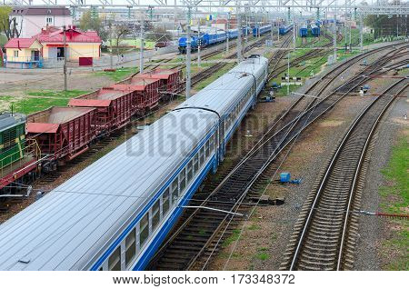 GOMEL BELARUS - APRIL 14 2016: Top view of moving trains on marshalling yard Gomel Belarus