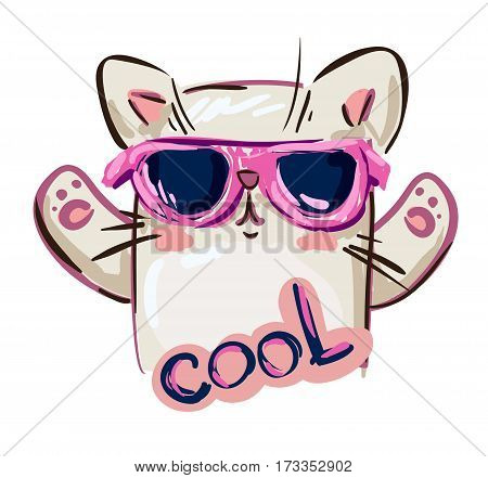 cool print children's T-shirt with cat, vector illustration, hand drawn cat