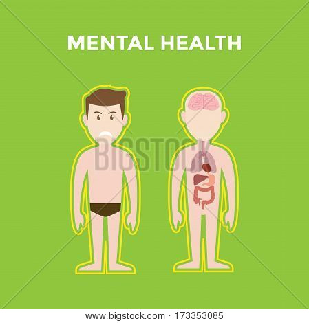 mental health illustration with two bodies shows its organ such brain, lung, heart and liver and also a smiling man with green background vector