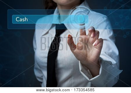 Business, Technology, Internet And Networking Concept. Business Woman Presses A Button On The Virtua