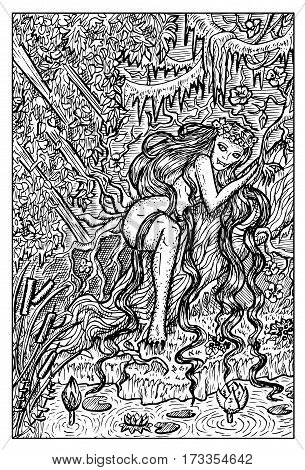 Genny Greenteeth, river hag. Swamp evil creature. Hand drawn vector illustration. Engraved line art drawing, black and white doodle. 