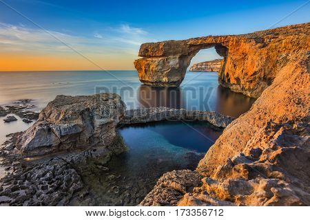 Gozo Malta - The beautiful Azure Window a natural arch and famous landmark on the island of Gozo at sunset