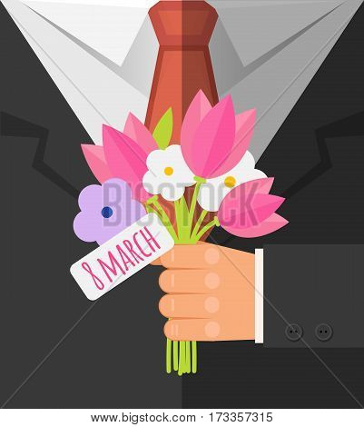 Happy International Women's Day, 8 March  Postcard. Businessman  Holding Bouquet Of Pink Tulp And Wh