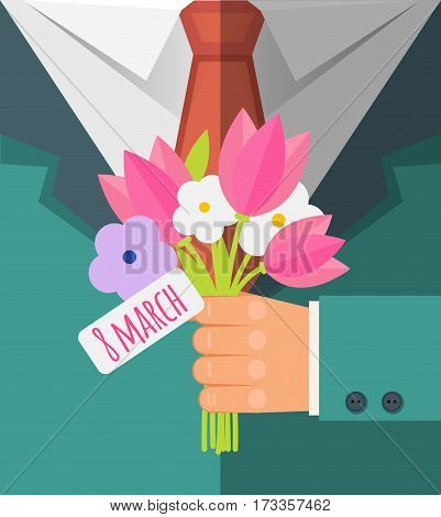 Happy International Women's Day, 8 March  Postcard. Businessman  Holding Bouquet Of Pink Tulp And Wh