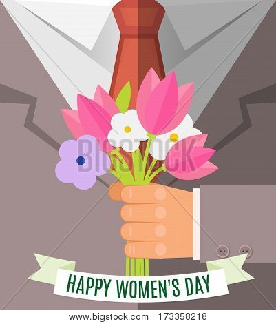 Happy International Women's Day, 8 March  Postcard. Businessman  Holding Bouquet Of Pink Tulp And Wh